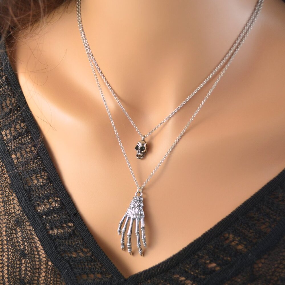 Halloween Layering Necklaces with Skull and Skeleton Hand